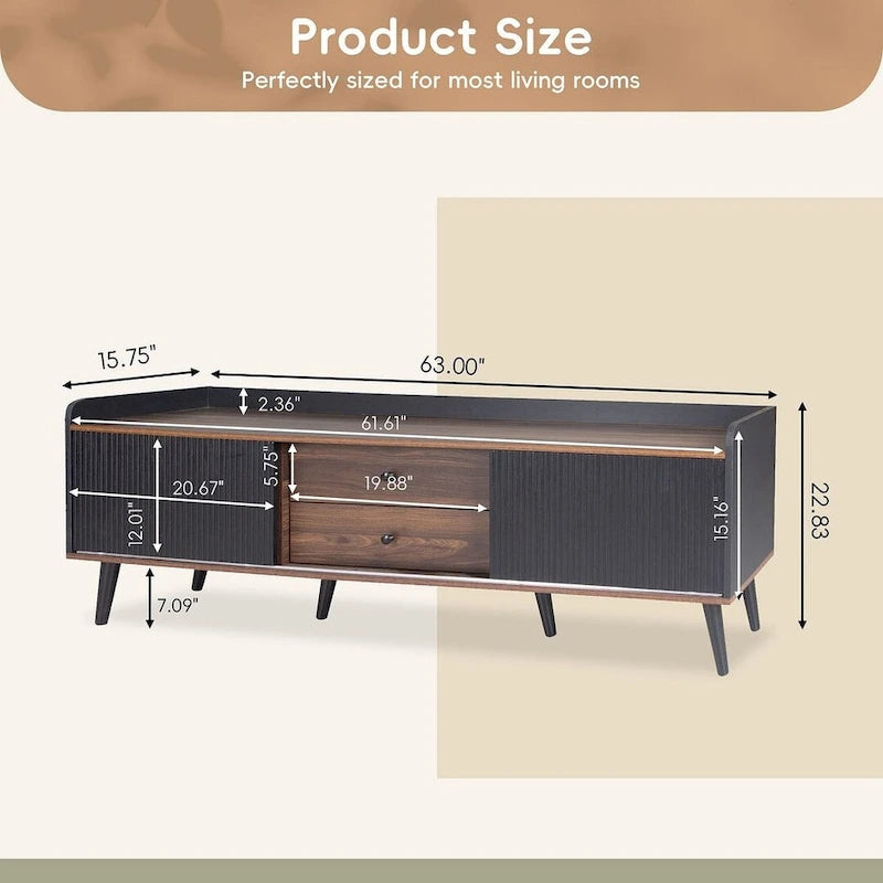 Meuble TV moderne du milieu du siècle de 63" avec portes coulissantes et tiroirs