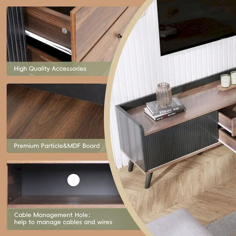 Meuble TV moderne du milieu du siècle de 63" avec portes coulissantes et tiroirs