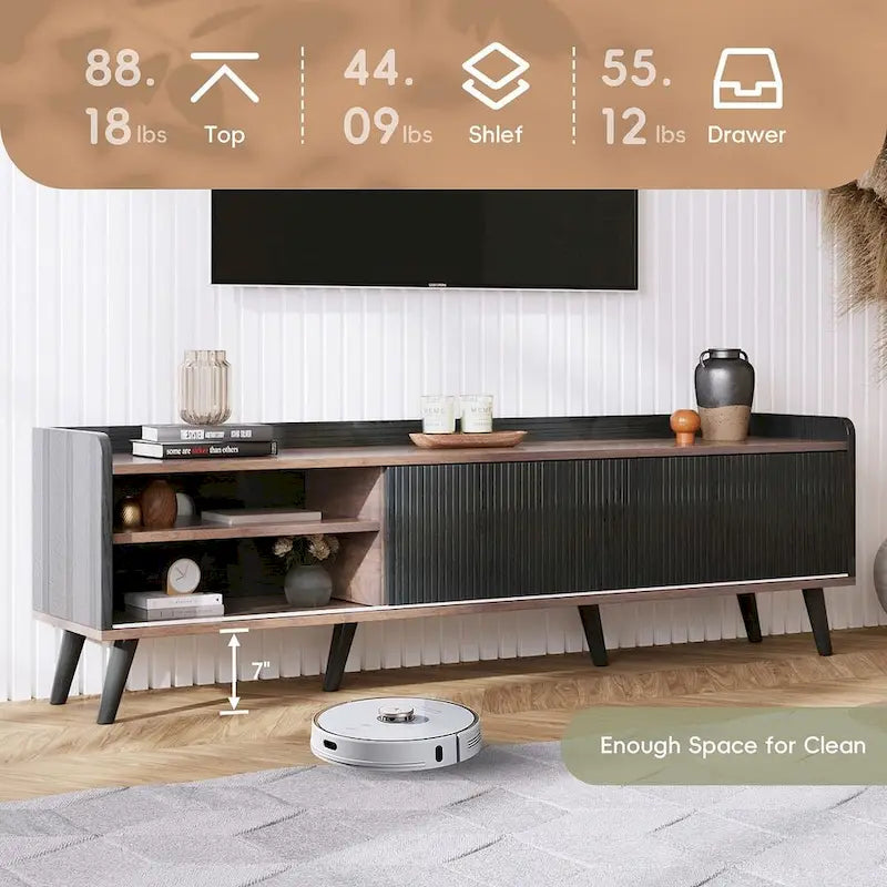 Meuble TV moderne du milieu du siècle de 63" avec portes coulissantes et tiroirs