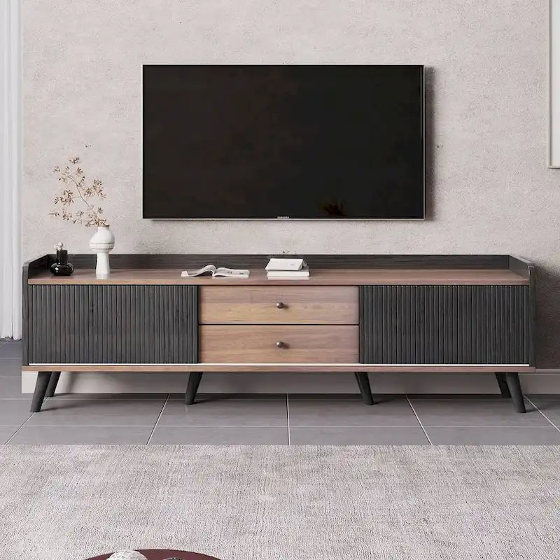 Meuble TV moderne du milieu du siècle de 63" avec portes coulissantes et tiroirs
