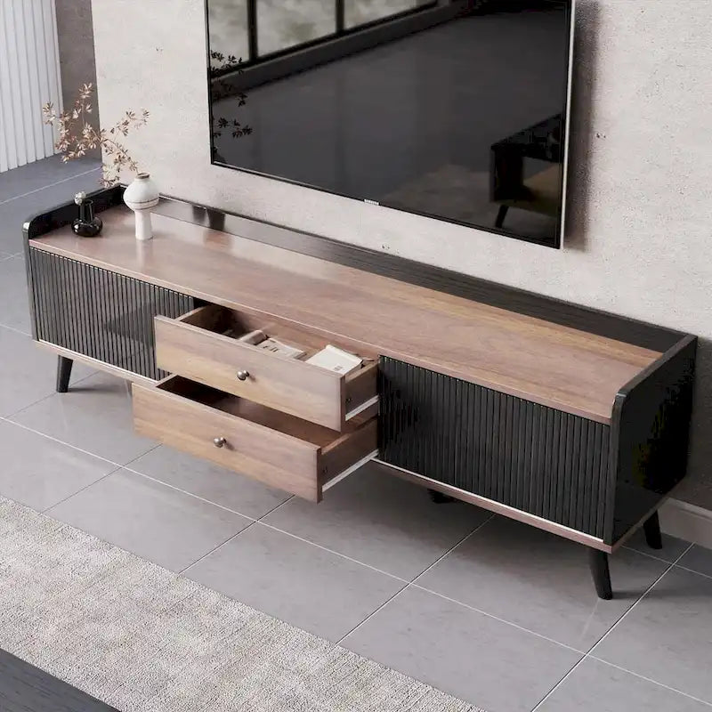 Meuble TV moderne du milieu du siècle de 63" avec portes coulissantes et tiroirs