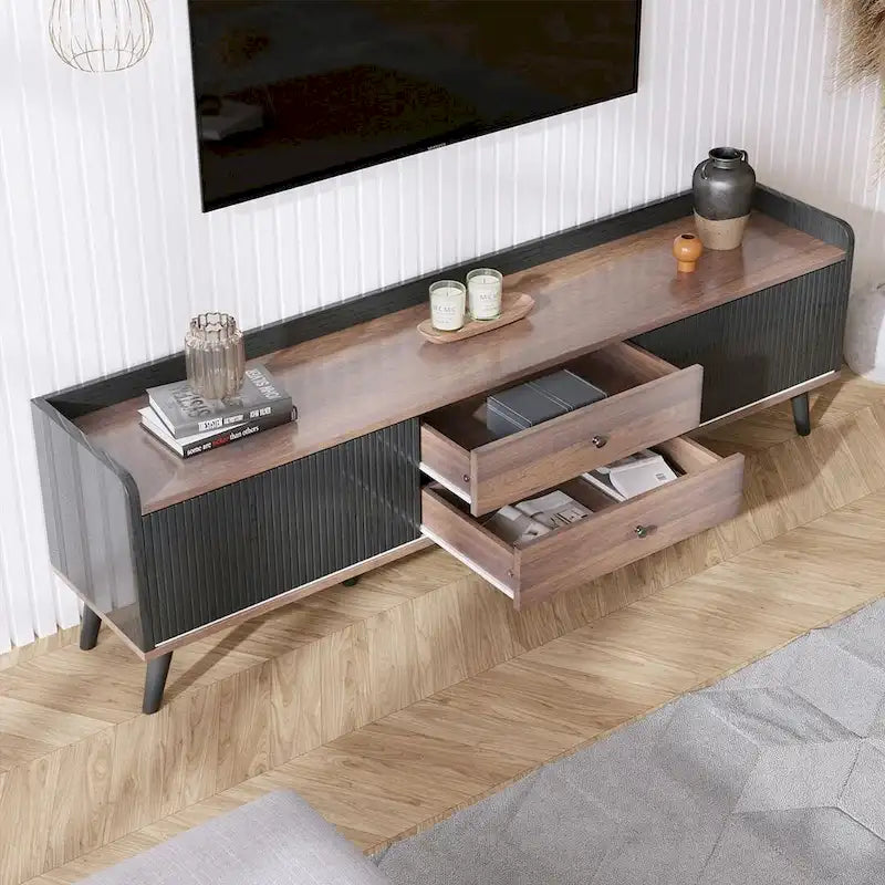Meuble TV moderne du milieu du siècle de 63" avec portes coulissantes et tiroirs