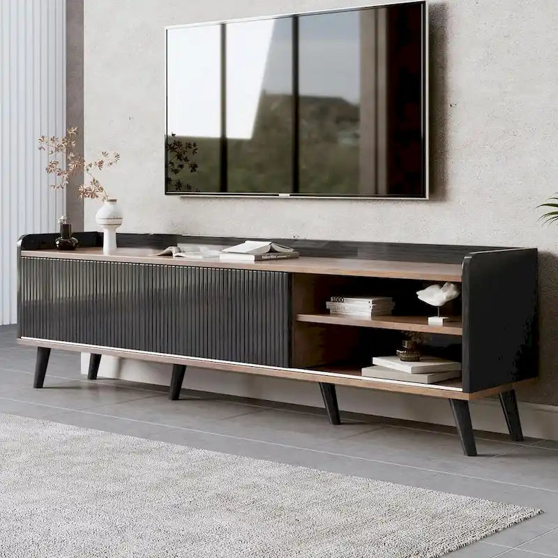 Meuble TV moderne du milieu du siècle de 63" avec portes coulissantes et tiroirs