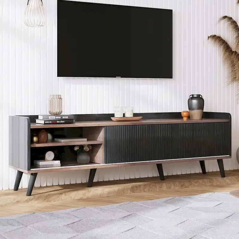 Meuble TV moderne du milieu du siècle de 63" avec portes coulissantes et tiroirs