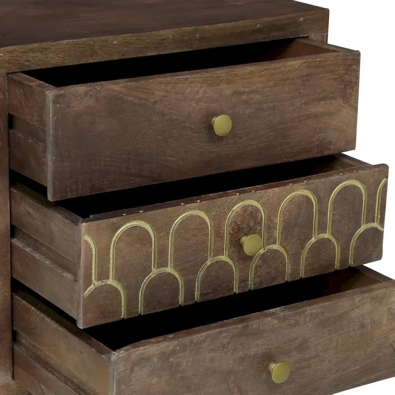 Nachttisch aus Mangoholz mit 3 Schubladen und goldenem Eisengestell