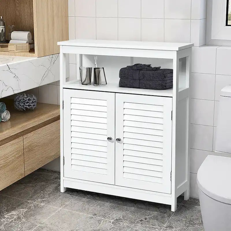 Badezimmer-Bodenschrank mit zwei Lamellentüren und offenem Fach