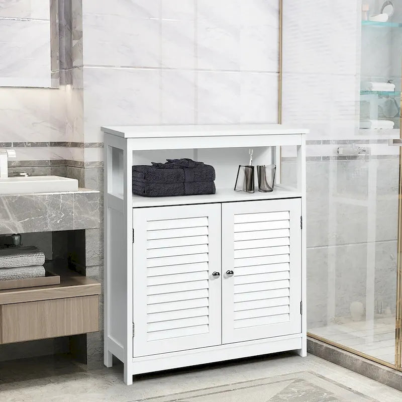 Mobile contenitore da pavimento per bagno con doppie ante a persiana e ripiano aperto