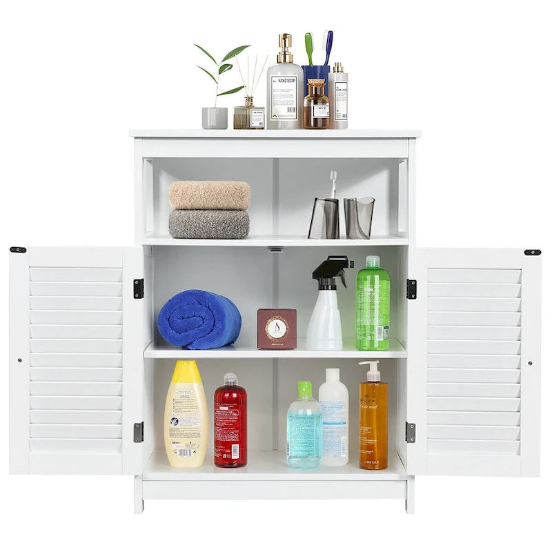 Badezimmer-Bodenschrank mit zwei Lamellentüren und offenem Fach