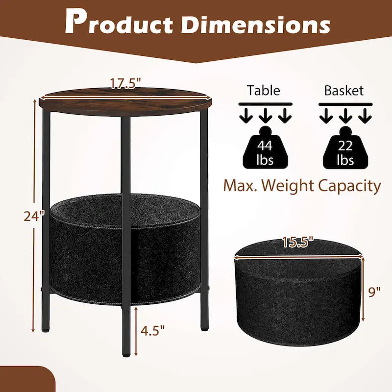 Mesa auxiliar redonda con cesta de almacenamiento de fieltro y patas metálicas en X
