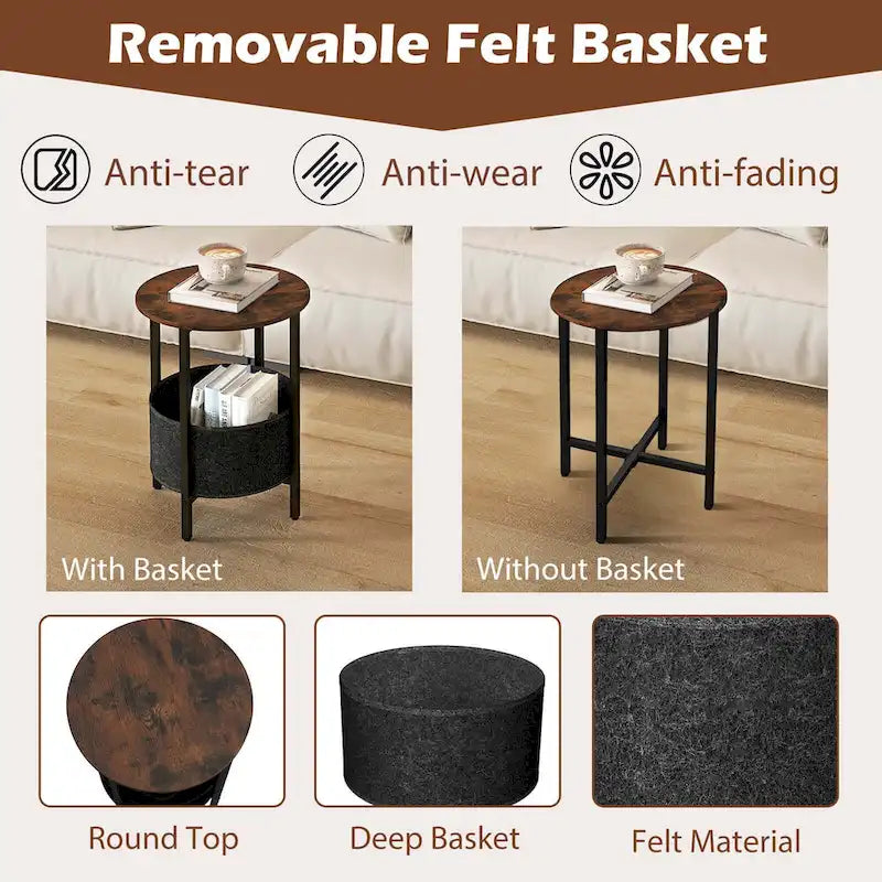 Mesa auxiliar redonda con cesta de almacenamiento de fieltro y patas metálicas en X