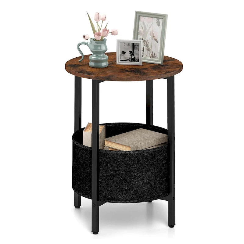 Mesa auxiliar redonda con cesta de almacenamiento de fieltro y patas metálicas en X