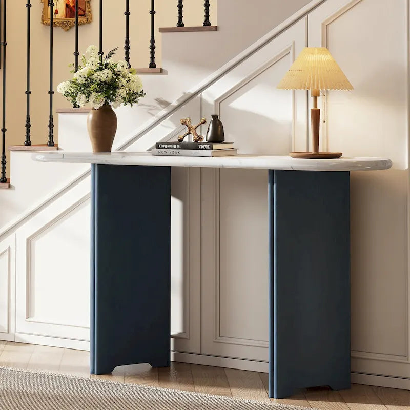 Narrow Faux Marble Console Table with Wood Legs