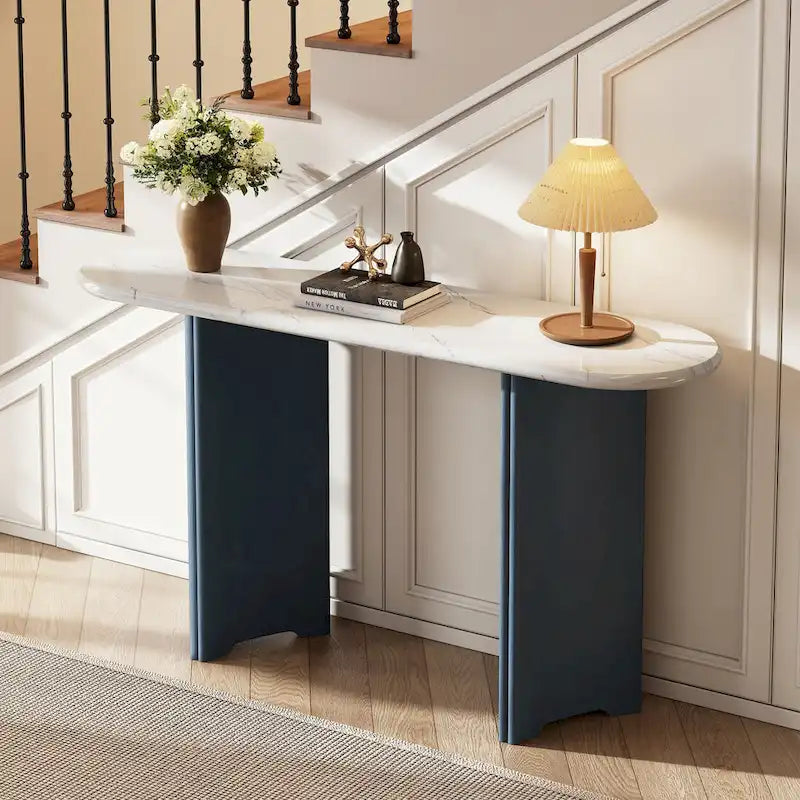 Narrow Faux Marble Console Table with Wood Legs