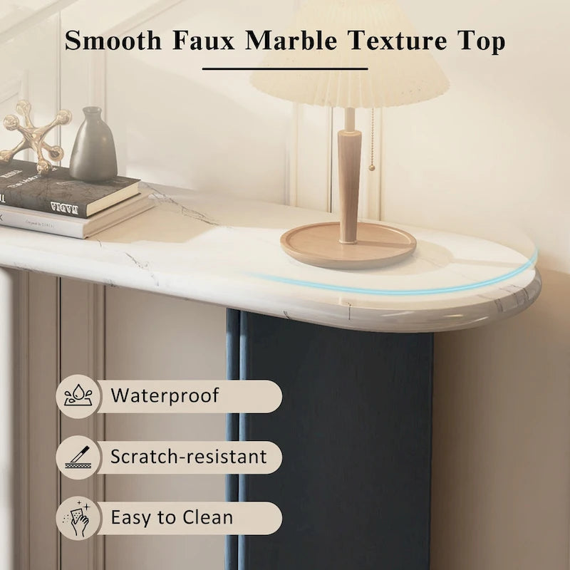 Narrow Faux Marble Console Table with Wood Legs