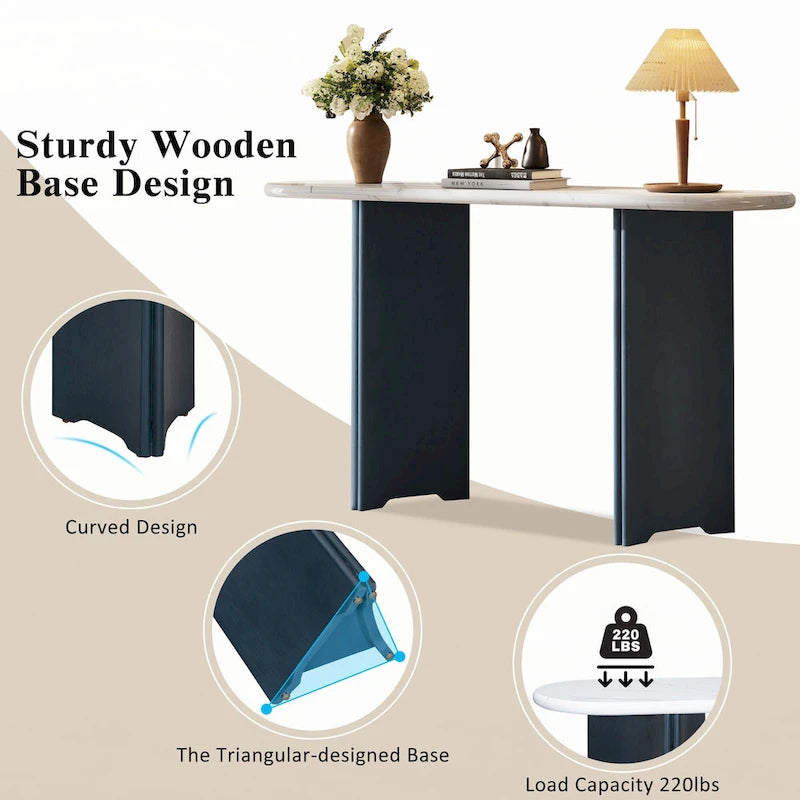 Narrow Faux Marble Console Table with Wood Legs