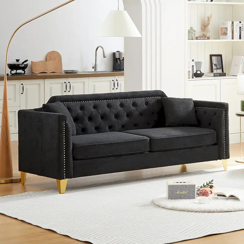 Divano in ciniglia stile Mid-Century con trapuntatura a bottoni e gambe in metallo dorato