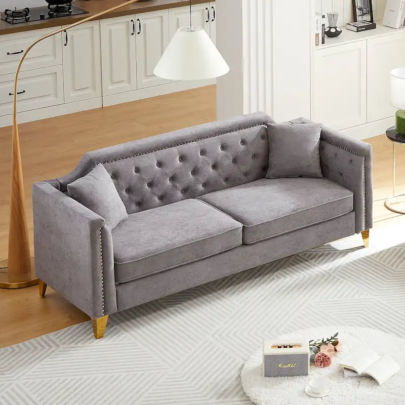 Divano in ciniglia stile Mid-Century con trapuntatura a bottoni e gambe in metallo dorato