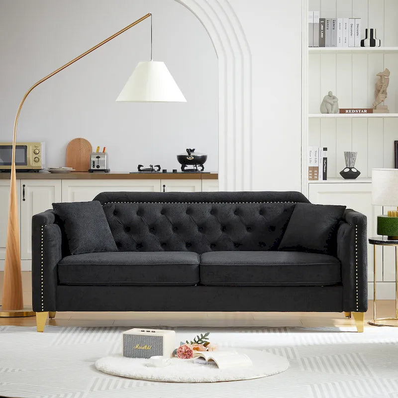 Divano in ciniglia stile Mid-Century con trapuntatura a bottoni e gambe in metallo dorato