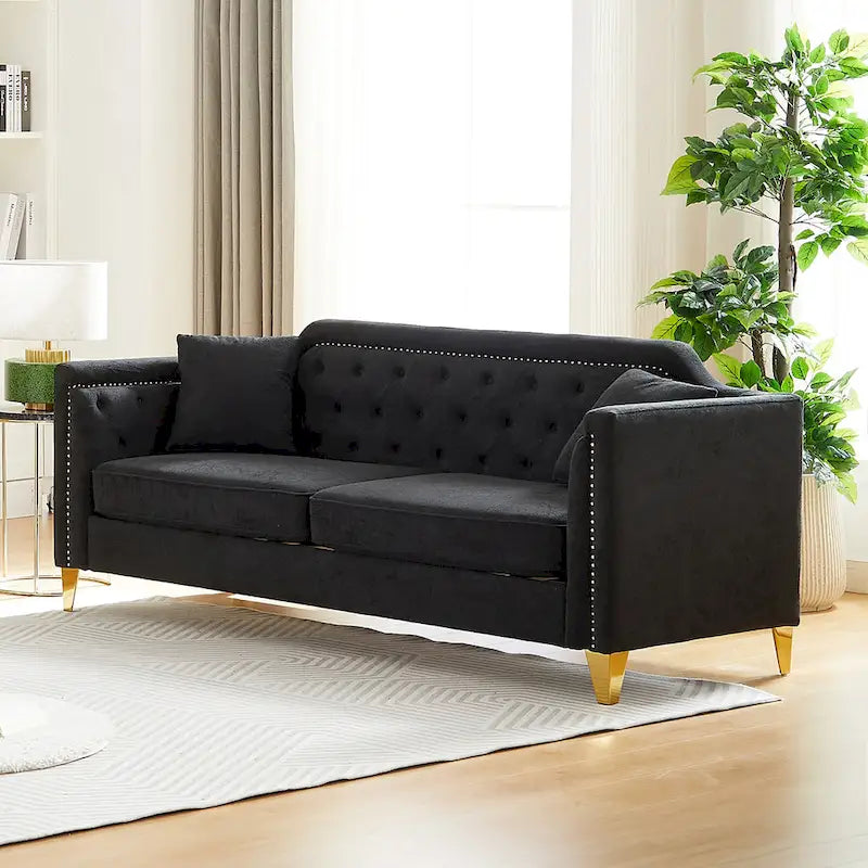 Divano in ciniglia stile Mid-Century con trapuntatura a bottoni e gambe in metallo dorato