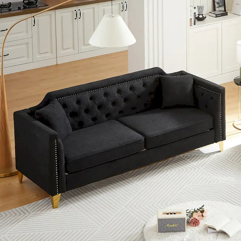 Divano in ciniglia stile Mid-Century con trapuntatura a bottoni e gambe in metallo dorato