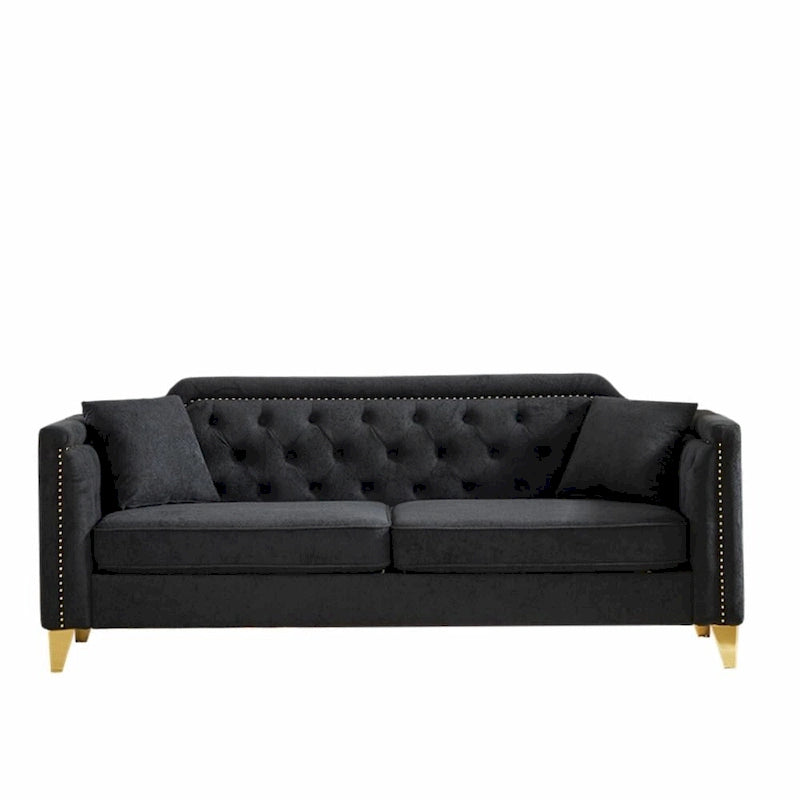 Divano in ciniglia stile Mid-Century con trapuntatura a bottoni e gambe in metallo dorato