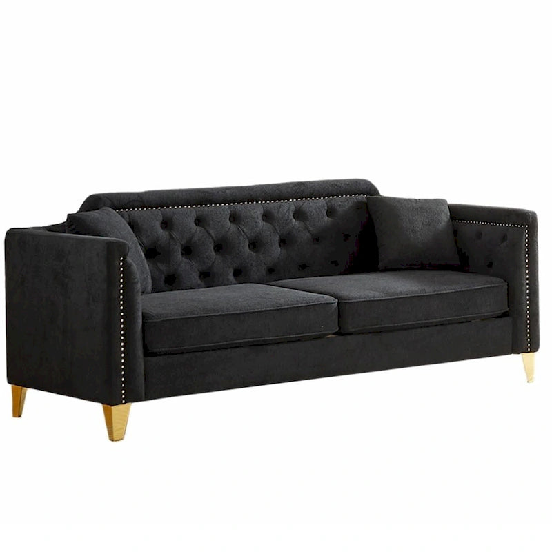 Divano in ciniglia stile Mid-Century con trapuntatura a bottoni e gambe in metallo dorato