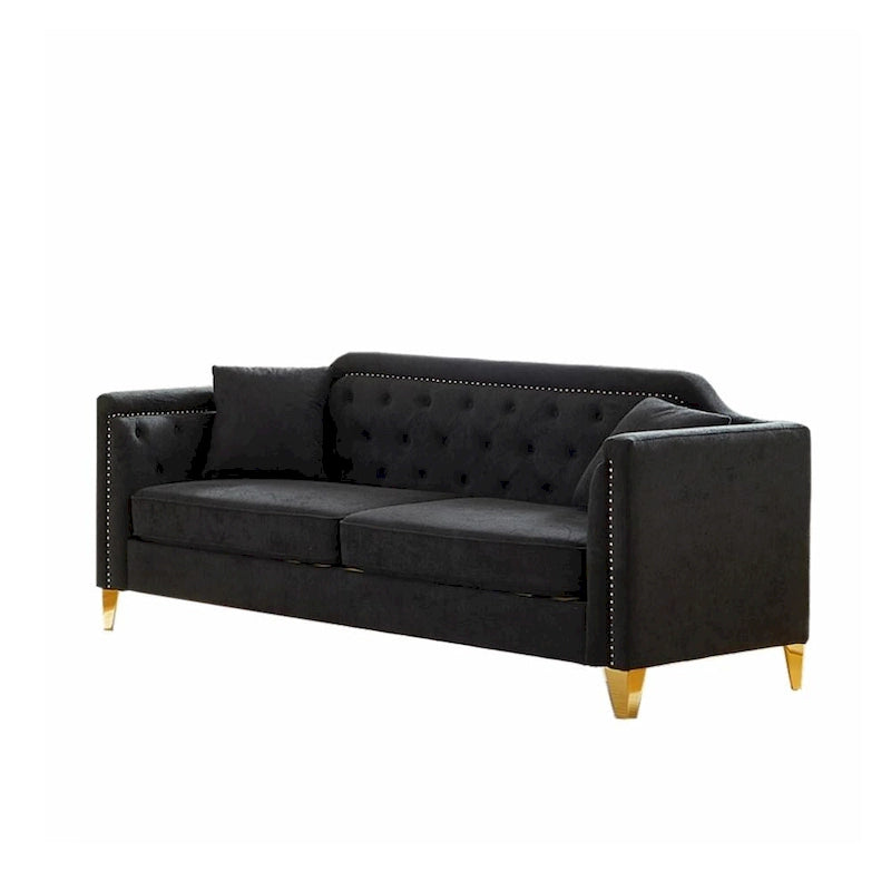 Divano in ciniglia stile Mid-Century con trapuntatura a bottoni e gambe in metallo dorato
