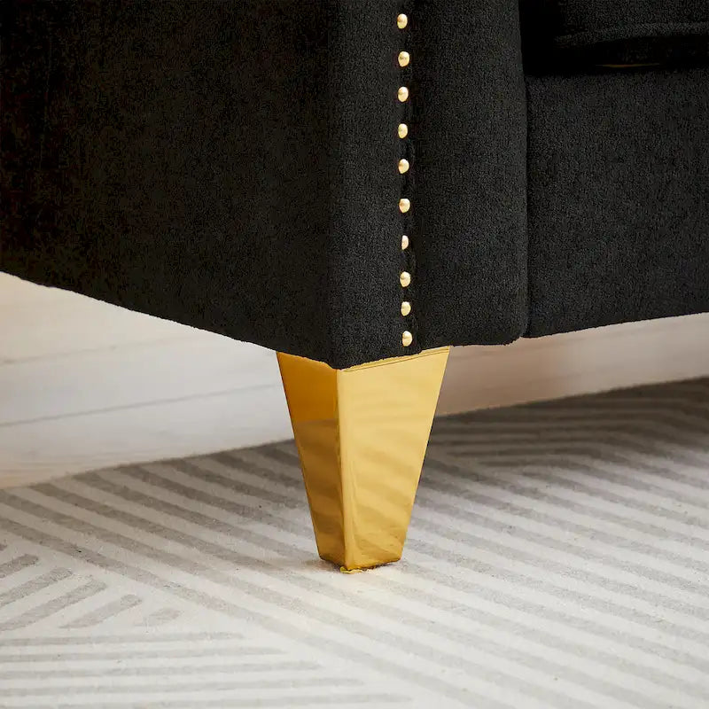 Divano in ciniglia stile Mid-Century con trapuntatura a bottoni e gambe in metallo dorato