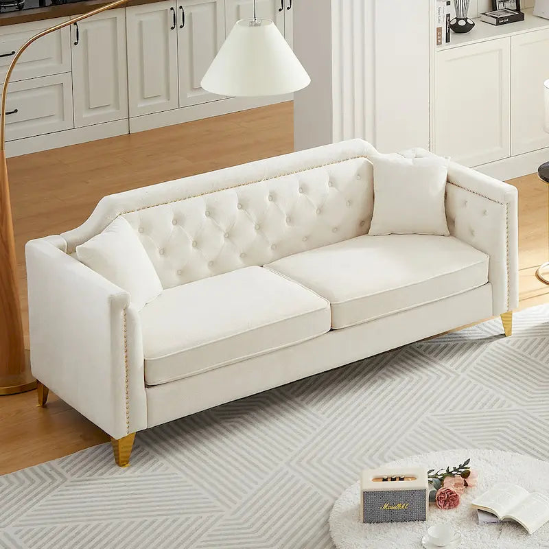 Divano in ciniglia stile Mid-Century con trapuntatura a bottoni e gambe in metallo dorato