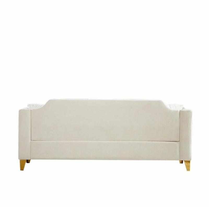 Divano in ciniglia stile Mid-Century con trapuntatura a bottoni e gambe in metallo dorato