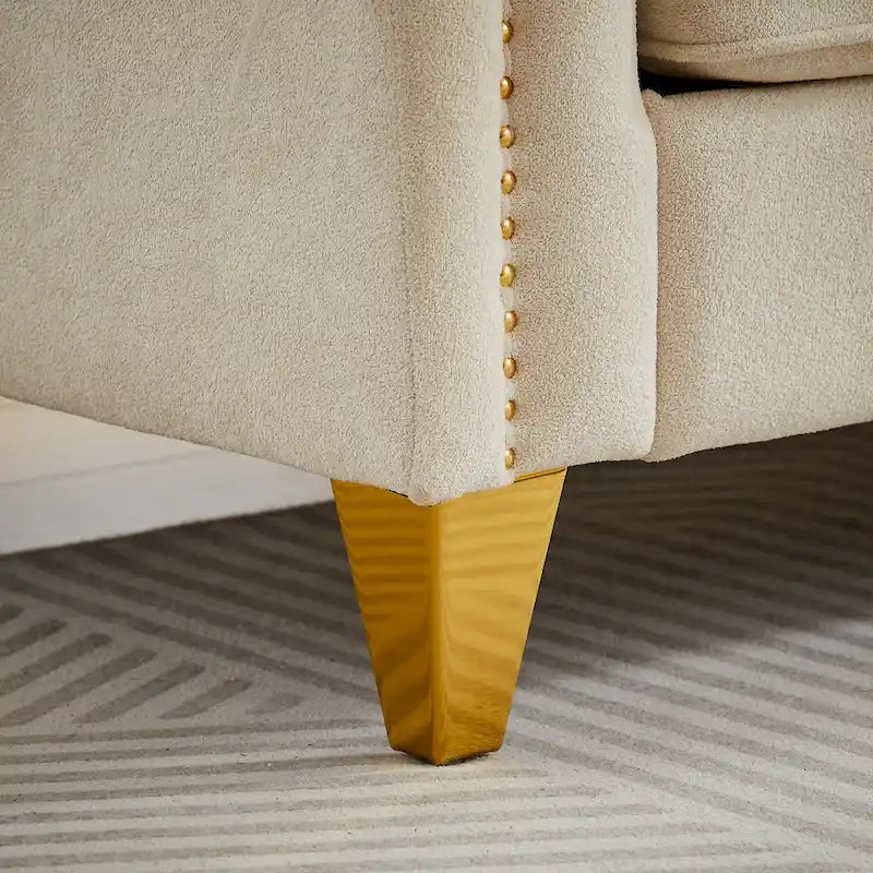 Divano in ciniglia stile Mid-Century con trapuntatura a bottoni e gambe in metallo dorato
