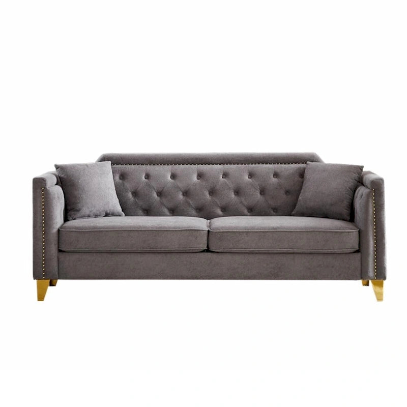 Divano in ciniglia stile Mid-Century con trapuntatura a bottoni e gambe in metallo dorato