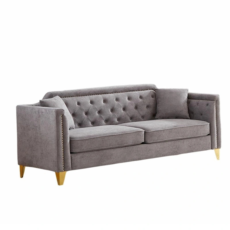 Divano in ciniglia stile Mid-Century con trapuntatura a bottoni e gambe in metallo dorato