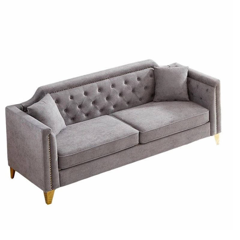 Divano in ciniglia stile Mid-Century con trapuntatura a bottoni e gambe in metallo dorato