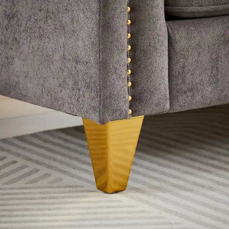 Divano in ciniglia stile Mid-Century con trapuntatura a bottoni e gambe in metallo dorato
