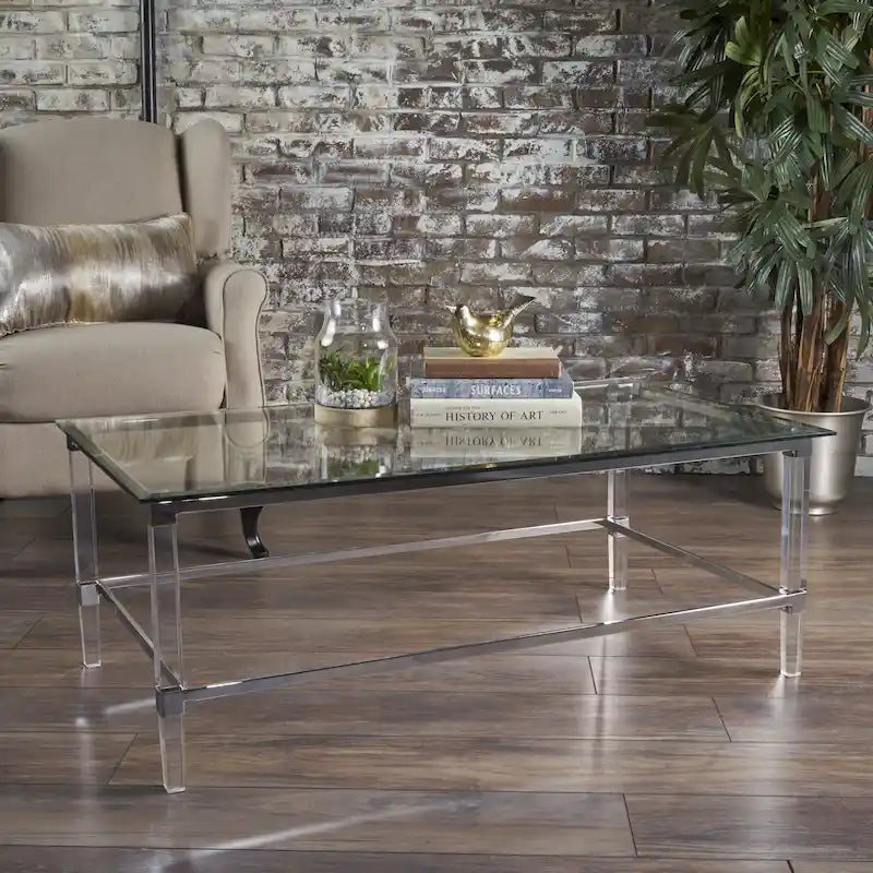 Moderner rechteckiger Couchtisch aus Hartglas mit Acrylgestell