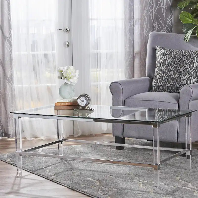 Moderner rechteckiger Couchtisch aus Hartglas mit Acrylgestell
