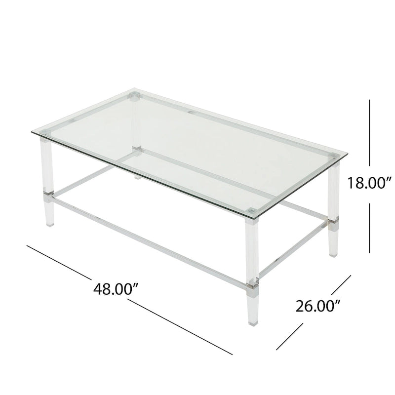 Moderner rechteckiger Couchtisch aus Hartglas mit Acrylgestell