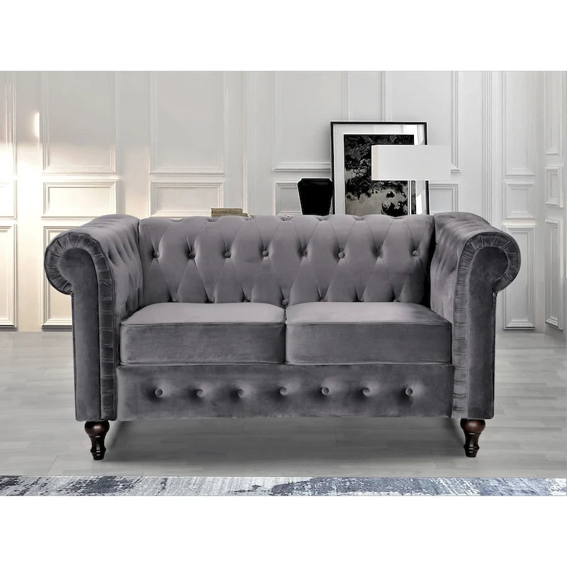 Divanetto Chesterfield in velluto con trapuntatura a rombi e gambe tornite