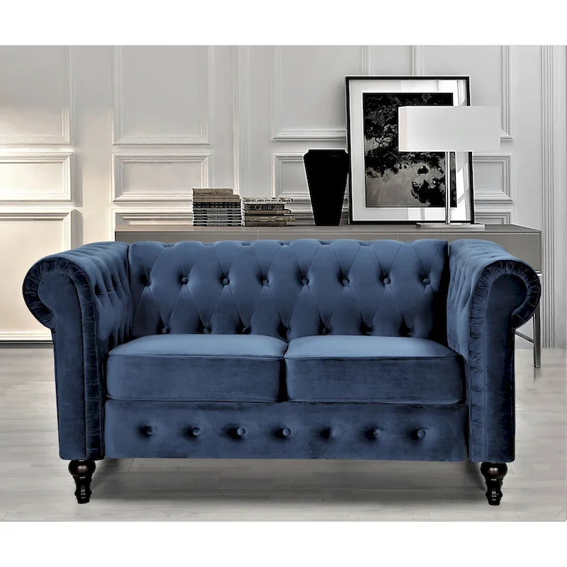 Divanetto Chesterfield in velluto con trapuntatura a rombi e gambe tornite