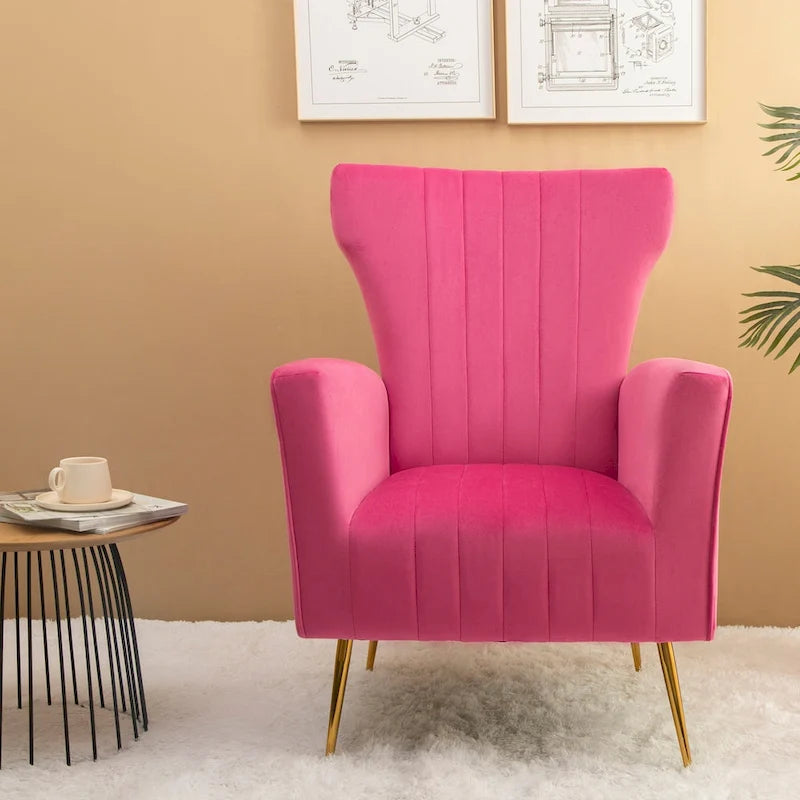 Sillón decorativo de terciopelo con respaldo alto y patas de metal dorado