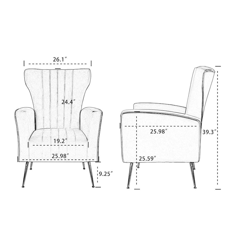 Sillón decorativo de terciopelo con respaldo alto y patas de metal dorado
