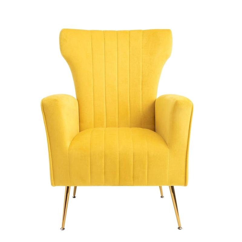 Sillón decorativo de terciopelo con respaldo alto y patas de metal dorado