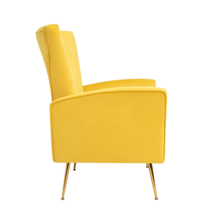 Sillón decorativo de terciopelo con respaldo alto y patas de metal dorado