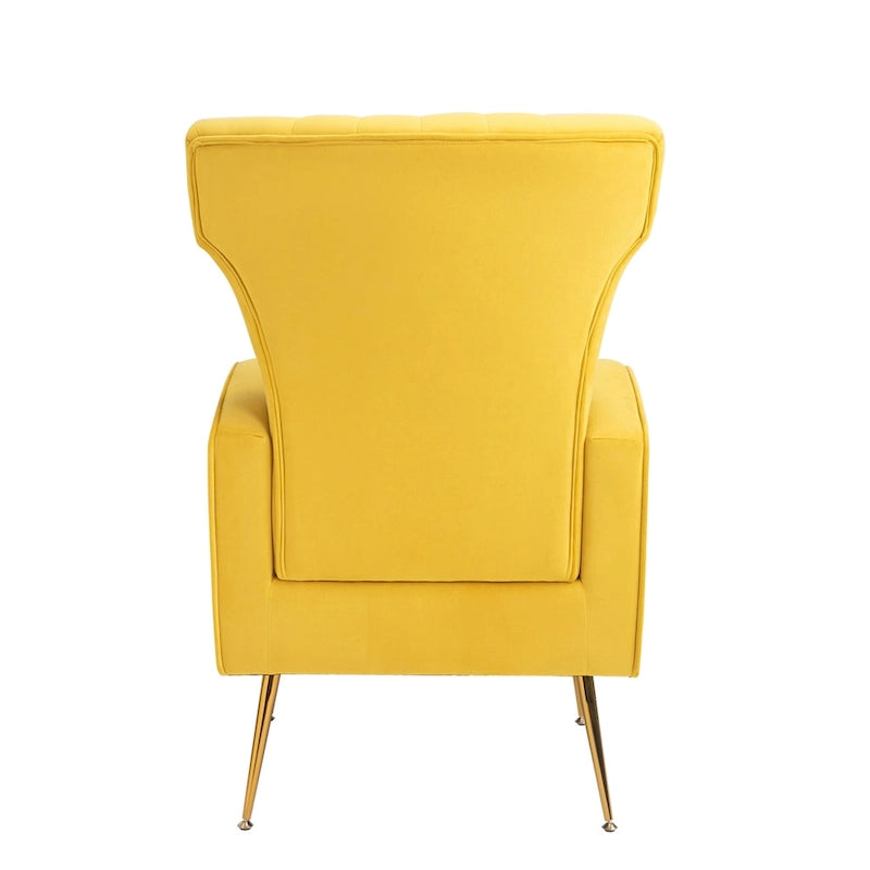 Sillón decorativo de terciopelo con respaldo alto y patas de metal dorado