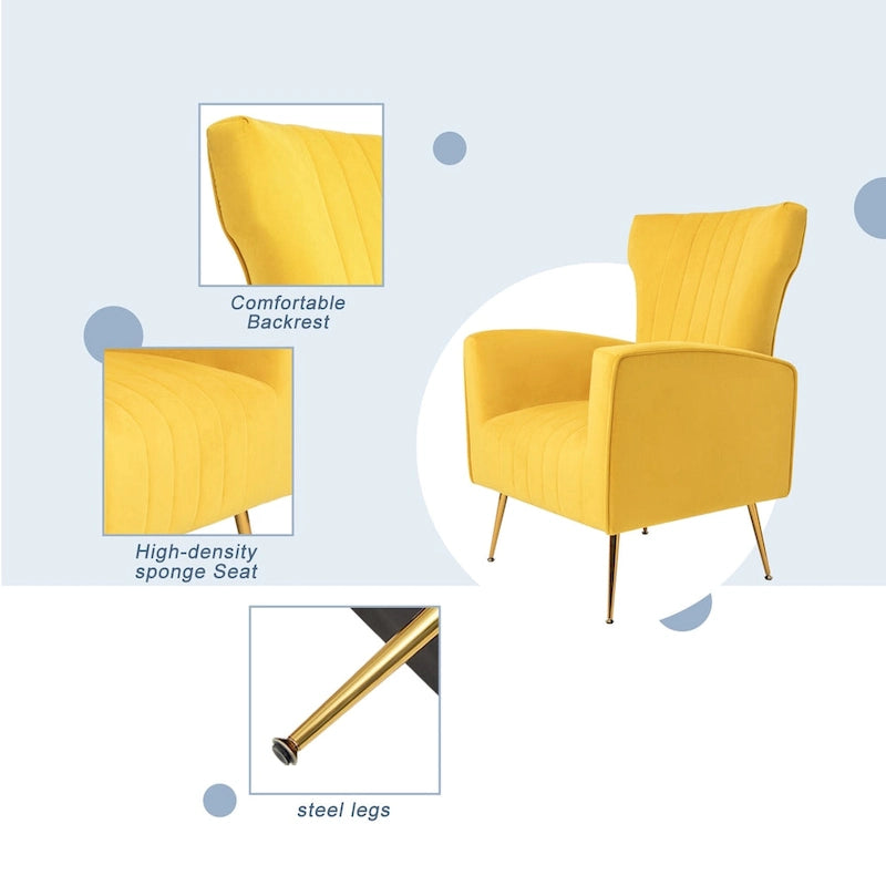 Sillón decorativo de terciopelo con respaldo alto y patas de metal dorado