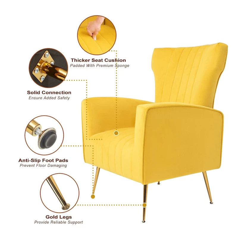 Sillón decorativo de terciopelo con respaldo alto y patas de metal dorado