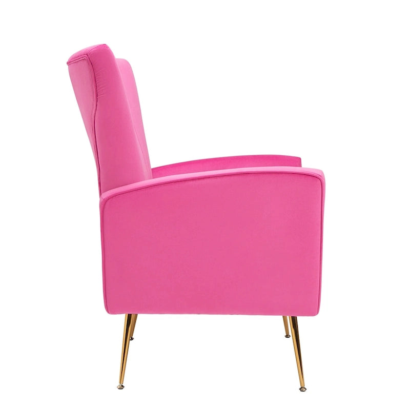 Sillón decorativo de terciopelo con respaldo alto y patas de metal dorado