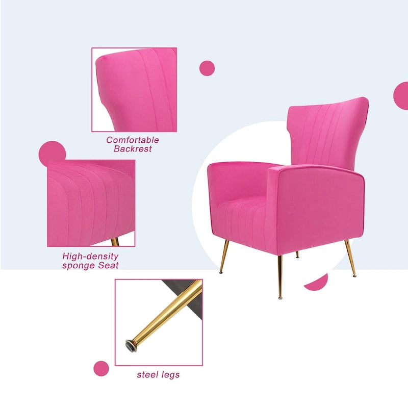 Sillón decorativo de terciopelo con respaldo alto y patas de metal dorado