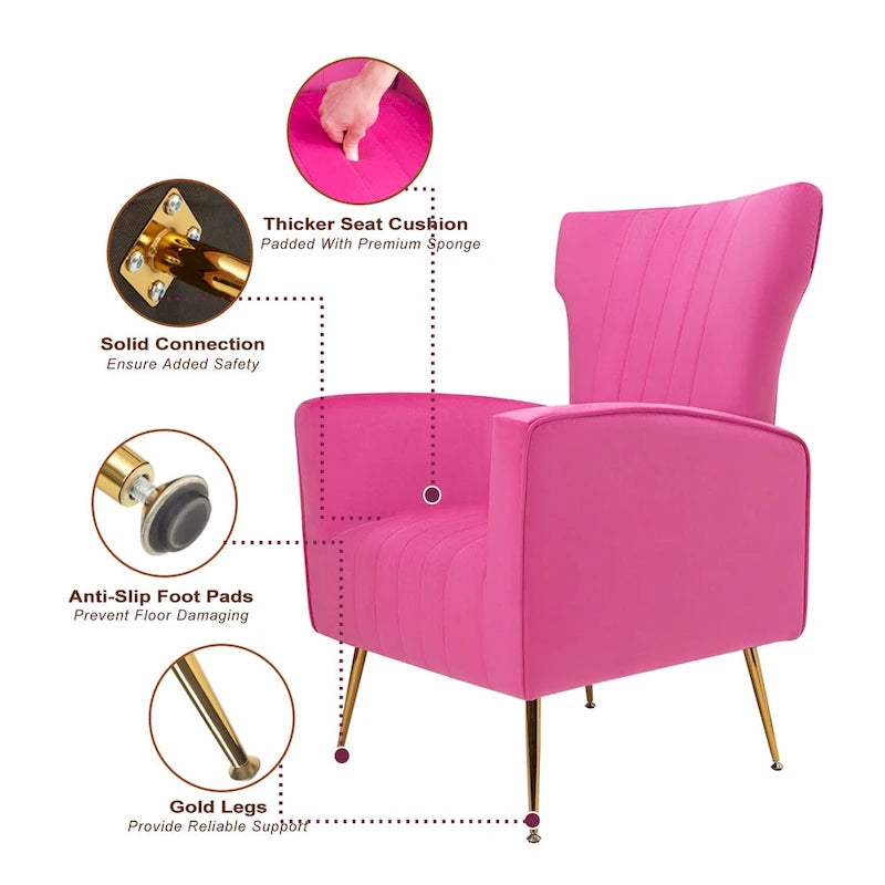 Sillón decorativo de terciopelo con respaldo alto y patas de metal dorado